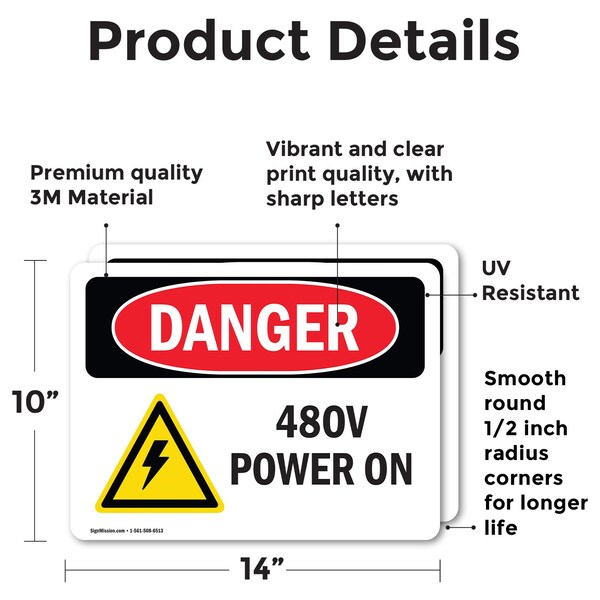 480V Power On Danger Sign, Vinyl Decal, 14in W X 10in L, 2PK